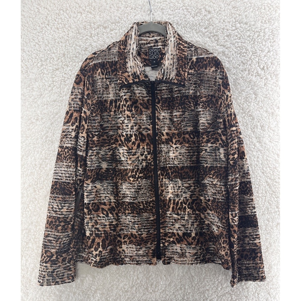 Clara Sun Woo Size XL Fitted Double Zipper Jacket Brown Animal Print